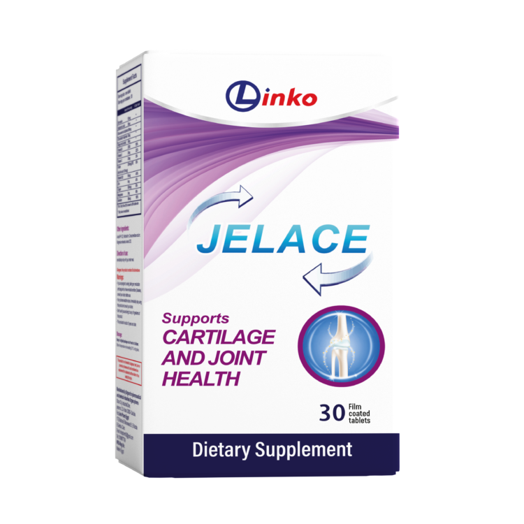 Jelace tab For osteoarthritis It provides: Bromelain, hyaluronic acid, glucosamine, chondroitin sulfate, vitamin D, vitamin C and magnesium